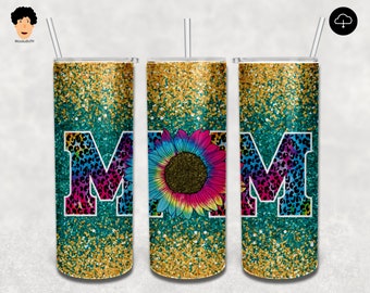 Mother's Day Tumbler Wrap PNG, Sunflower Mom Tumbler Seamless Sublimation Designs Downloads , Skinny 20oz, Sunflower Glitter Sublimation