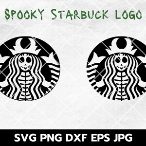 May include: Black and white spooky Halloween version of the Starbucks logo. The mermaid is depicted as a skeleton with a stitched mouth.