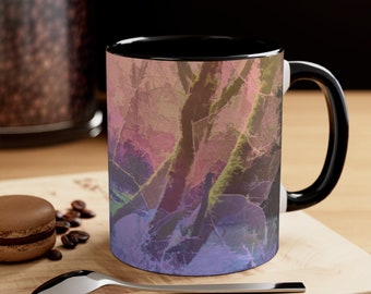 A colorful, painterly woodland scene on a ceramic mug.