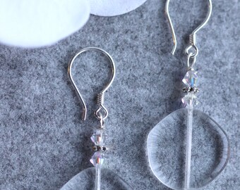 Clear sea glass earrings  ( Made from pure Bali sterling silver and Swarovski crystals.  Dangle earrings.  Fish hooks.