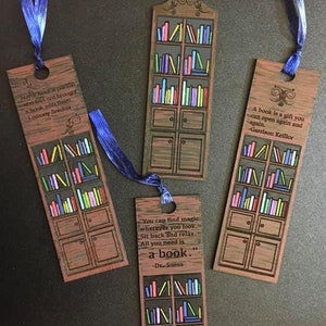 Bookshelf Bookcase BOOKMARKS.  (Hand painted sturdy wooden  bookmarks with decorative  ribbon)