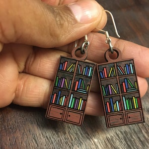 Hand painted BOOKCASE EARRINGS. ( Made from maple wood) Great for kids and adults.  Hypoallergenic and nickel free.