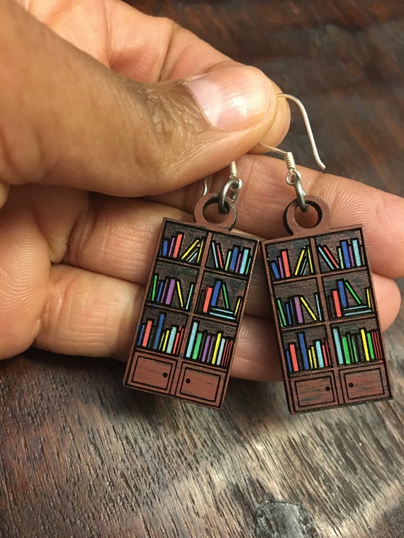 Hand painted BOOKCASE EARRINGS. Made from maple wood Great Etsy