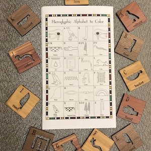 Op de afbeelding: Een set houten tegels met hiërogliefen en Engelse woorden. De tegels zijn gerangschikt in een rasterpatroon op een tafel. De tegels zijn in verschillende kleuren geverfd, waaronder bruin, rood en groen. De tegels worden gebruikt om de oude Egyptische taal te leren.