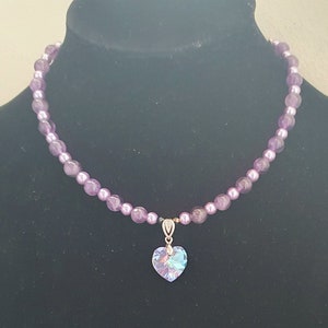Genunine Amethyst and Purple Glass Bead Short Necklace with Swarovski Pendant, Gift for Her, Birthday Gift,  February Birthstone Necklace