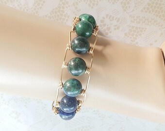 Handmade Azurite Malachite Bead Bracelet: Gold Wire Wrap, Adjustable