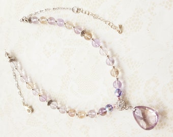Rare Ametrine Teardrop Pendant Necklace: Swarovski Crystal Beaded Jewelry
