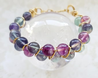 Rainbow Fluorite Wire Wrap Bracelet: Gold Wire, Swarovski Charm