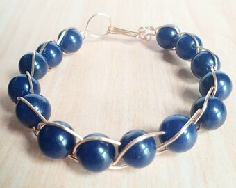 Handmade Dumortierite Beaded Bracelet: Gold Wire Wrap Crystal Jewelry