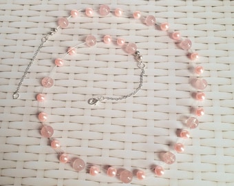 Strawberry quartz and pink Swarovski pearl illusion necklace, Gift for her, Bridesmaid Necklace, Crystal Floating Necklace