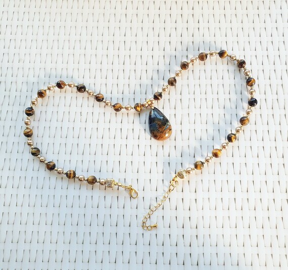 Handmade Pietersite Pendant Necklace: Yellow Tiger's Eye Beaded Healing Crystal