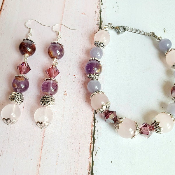 Pulsera ajustable de cuarzo rosa y amatista fantasma genuina y juego de pendientes colgantes