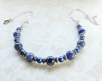 Handmade Tanzanite & Metallic Blue Swarovski Pearl Necklace