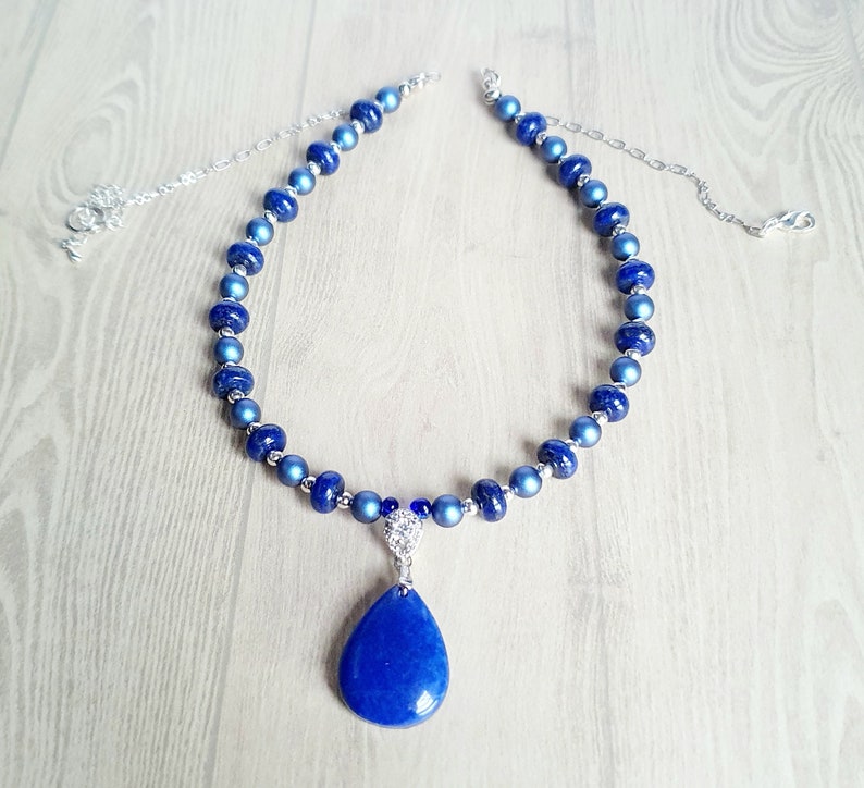 Beaded Lapis Swarovski Pendant - Unique Gift for Her, Handmade Necklace"