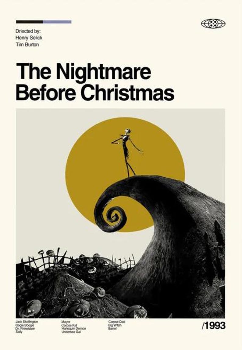 May include: Poster for "The Nightmare Before Christmas" movie. The poster features a black and white illustration of Jack Skellington on a hill with a yellow moon in the background. The movie title is at the top.
