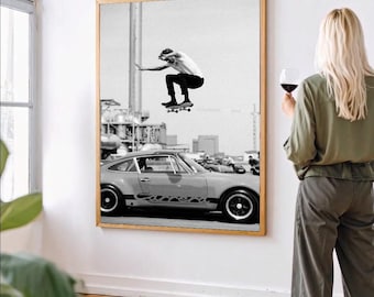 Vintage Skateboard Ollie Over Classic Sports Car Poster, Black and White Photo
