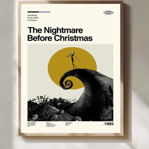 May include: A framed poster for "The Nightmare Before Christmas" movie. The poster features a black and white illustration of a character on a hill with a yellow sun in the background. The movie title is in bold black letters.