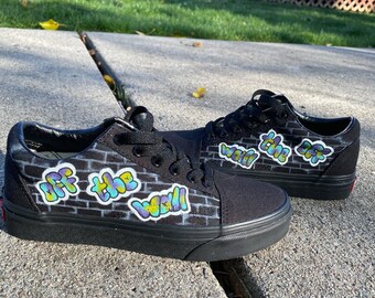 Custom Hand Painted Old Skool Vans, Graffiti, Sneakers, Black