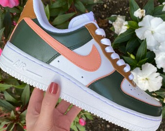 Custom Hand Painted Color Block Nike Air Force 1's, Green, Peach, Brown,Autumn Colors, Outline