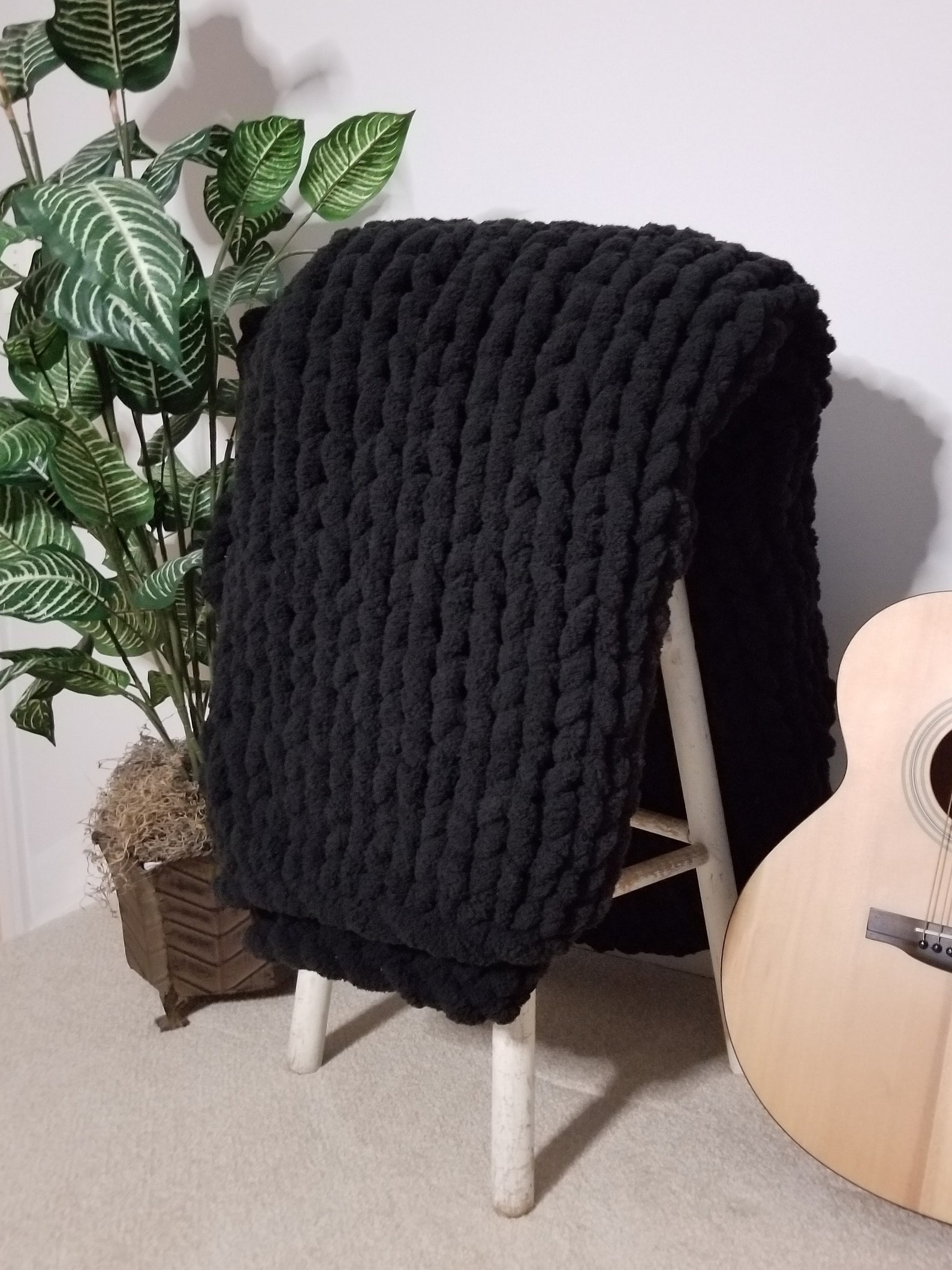 Black Chunky HandKnit Blanket Large Knit Throw blanket Cozy Etsy
