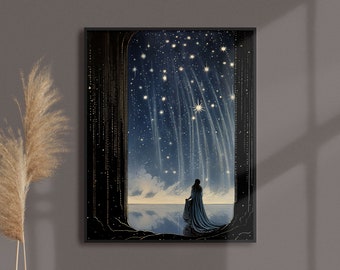 Fairy Tale Style Woman Under the Stars Fine Art Print • Moody & Magical Decor • Dark Fantasy Wall Art • Vintage Style Celestial Wall Art