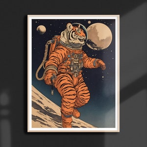 May include: A tiger wearing a space suit walks on the moon. The tiger is wearing an orange and black striped space suit with a helmet. The background is a dark blue space with stars and a planet.