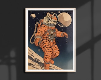 Tiger Astronaut Art Print: Retro Sci-Fi Ukiyo-e Decor