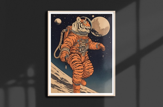 Tiger Astronaut Art Print: Retro Sci-Fi Ukiyo-e Decor