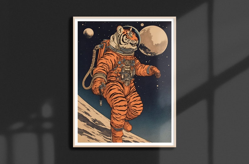 May include: A tiger wearing a space suit walks on the moon. The tiger is wearing an orange and black striped space suit with a helmet. The background is a dark blue space with stars and a planet.