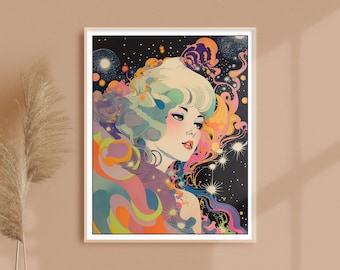 Vintage Retro Style Psychedelic Space Woman Fine Art Print • Retro Sci-fi Fantasy Decor  • Comic Manga Style Wall Art