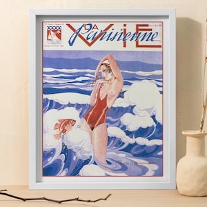 Vintage French Magazine Cover Print: Art Deco Woman on Beach