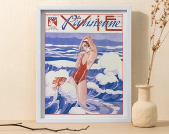 Vintage French Magazine Cover Print: Art Deco Woman on Beach