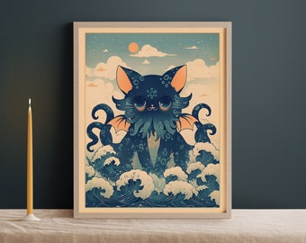 Retro Cthulhu Cat Art Print: Whimsical Monster Decor
