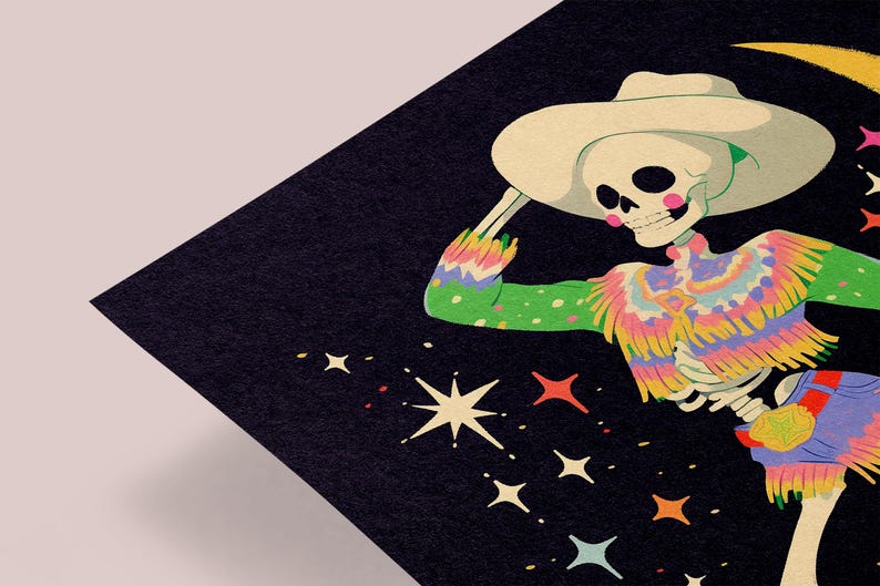 a mexican skeleton wearing a sombrero and holding a drink