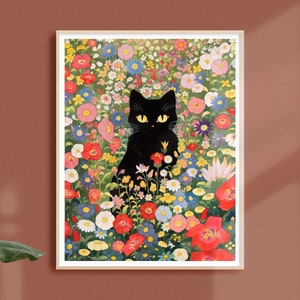 Vintage Gustav Klimt Inspired Black Cat Amongst Flowers Fine Art Print • Colorful Folk Art Poster • Cute Childrens Decor • BUY 2 GET 1 FREE