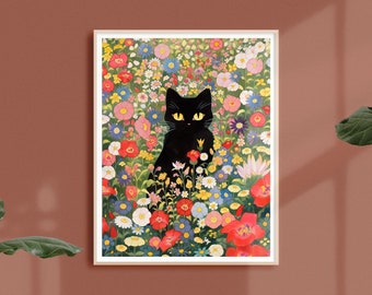 May include: A black cat sits in a field of colorful flowers. The cat has yellow eyes and is surrounded by pink, red, blue, and white flowers.
