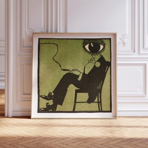 Vintage Smoking Eyeball Print • Surreal Woodblock Art