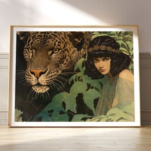 Vintage Style Woman with Leopard Fine Art Print • Retro Leopard Fantasy Decor • Fantasy Animal Poster • 3 Sizes