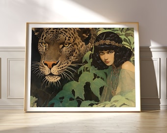 Vintage Style Woman with Leopard Fine Art Print • Retro Leopard Fantasy Decor • Fantasy Animal Poster • 3 Sizes
