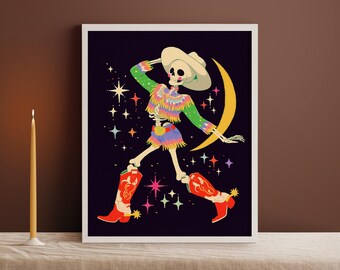 Cowgirl Skeleton Art Print: Whimsical Girly Fall Decor