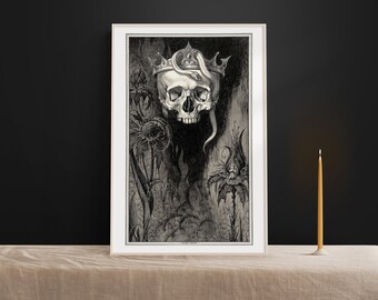 May include: A black and white illustration of a skull wearing a crown with a snake wrapped around it. The skull is surrounded by stylized flowers and foliage.