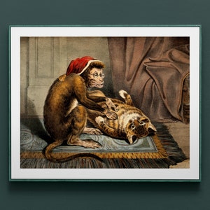 Vintage Monkey Doctor Examining Cat for Fleas  • Anthropomorphic Monkey & Cat Art • 2 Sizes • Funny Animal Art