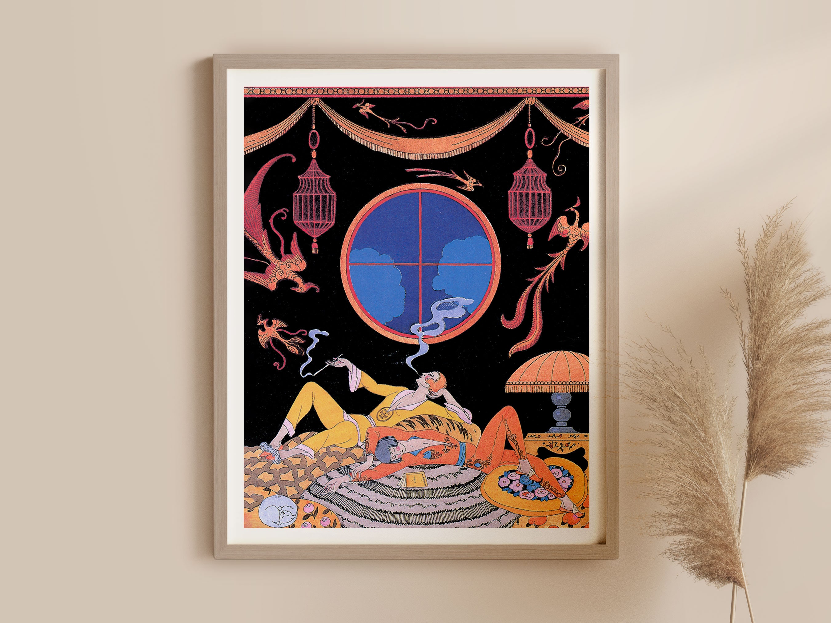 Impresión vintage de Dos mujeres fumando • Art Déco/Nouveau George Barbier • 3 tamaños • Art Nouveau oscuro