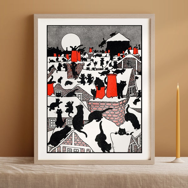 Vintage Black Cats Rooftop Art Print: Playful Feline Poster