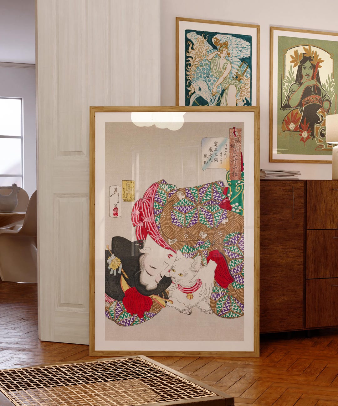 Vintage Ukiyo-e Geisha and Cat Print - Retro Japanese Wall Art - Etsy