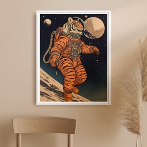 May include: A tiger wearing an orange and white striped spacesuit walks on the moon. The background is a dark blue space with stars and a planet.