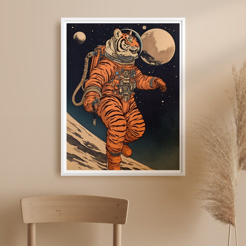 May include: A tiger wearing an orange and white striped spacesuit walks on the moon. The background is a dark blue space with stars and a planet.