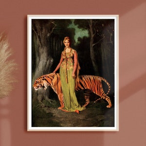 Vintage Woman Walking with Tiger Fine Art Print • Retro Tiger Decor • Fantasy Animal Poster • 3 Sizes