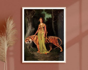 Vintage Woman Walking with Tiger Fine Art Print • Retro Tiger Decor • Fantasy Animal Poster • 3 Sizes • BUY 2 GET 1 FREE
