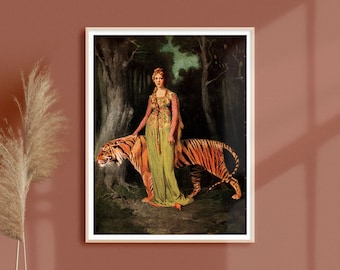 Vintage Woman Walking with Tiger Fine Art Print • Retro Tiger Decor • Fantasy Animal Poster • 3 Sizes • BUY 2 GET 1 FREE